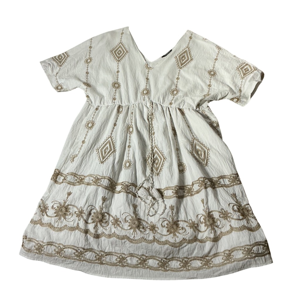 Bloomchic Boho Embroidered Mini Dress Women 18 White Gold Tassel V-Neck Mini